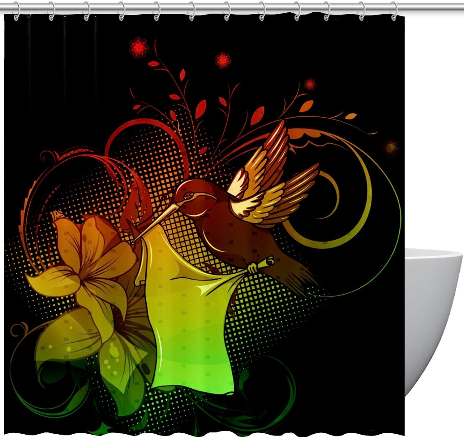 Charming Flowers And Hummingbird Fabric Shower Curtain For Elegant Bathroom Decoration