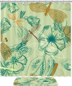 Charming Flowers and Dragonfly Shower Curtain, Waterproof Bathroom Decor Piece