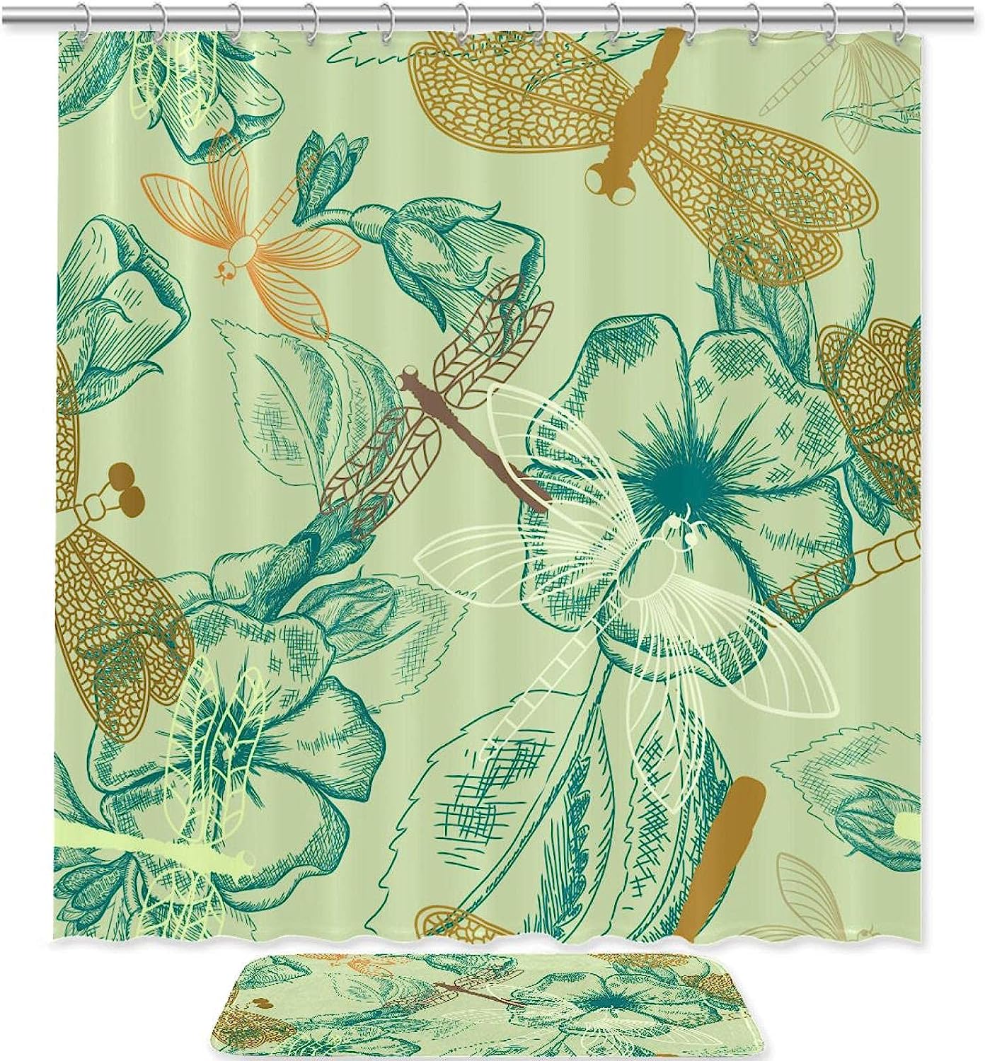 Charming Flowers and Dragonfly Shower Curtain, Waterproof Bathroom Decor Piece