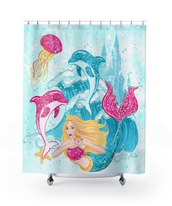 Charming Mermaid, Dolphin and Jellyfish Print Shower Curtain for Bathroom Decor