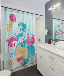 Charming Mermaid, Dolphin and Jellyfish Print Shower Curtain for Bathroom Decor