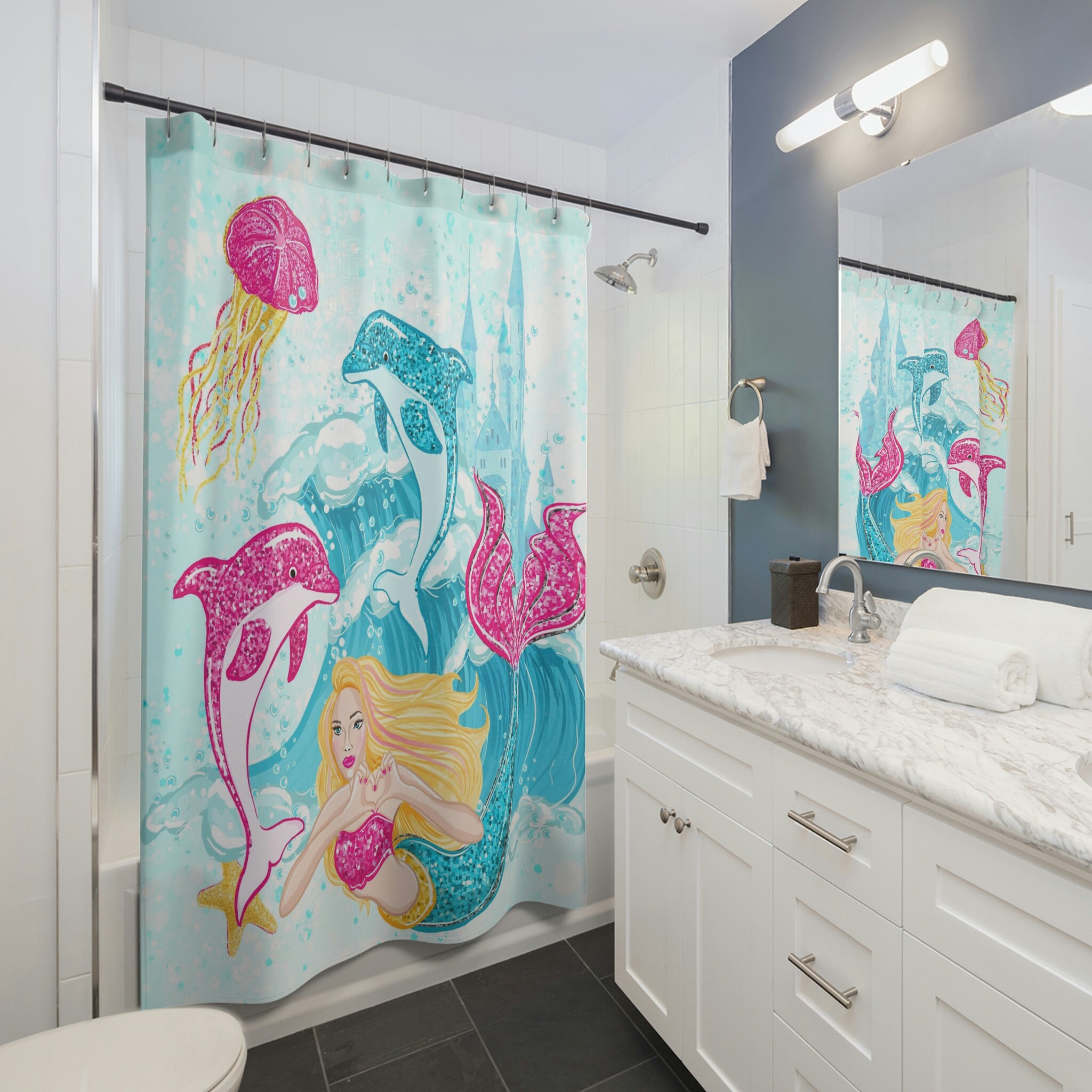 Charming Mermaid, Dolphin and Jellyfish Print Shower Curtain for Bathroom Decor