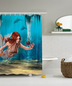 Charming Mermaid Holding a Sea Lily Magic World Digital Print Shower Curtain 