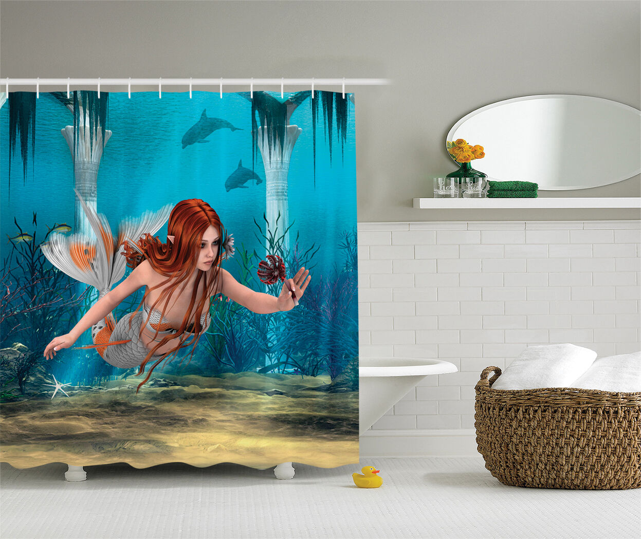 Charming Mermaid Holding a Sea Lily Magic World Digital Print Shower Curtain