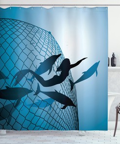 Charming Mermaid Rescue Dolphins from Fishing Net Shower Curtain-Bathroom Decor