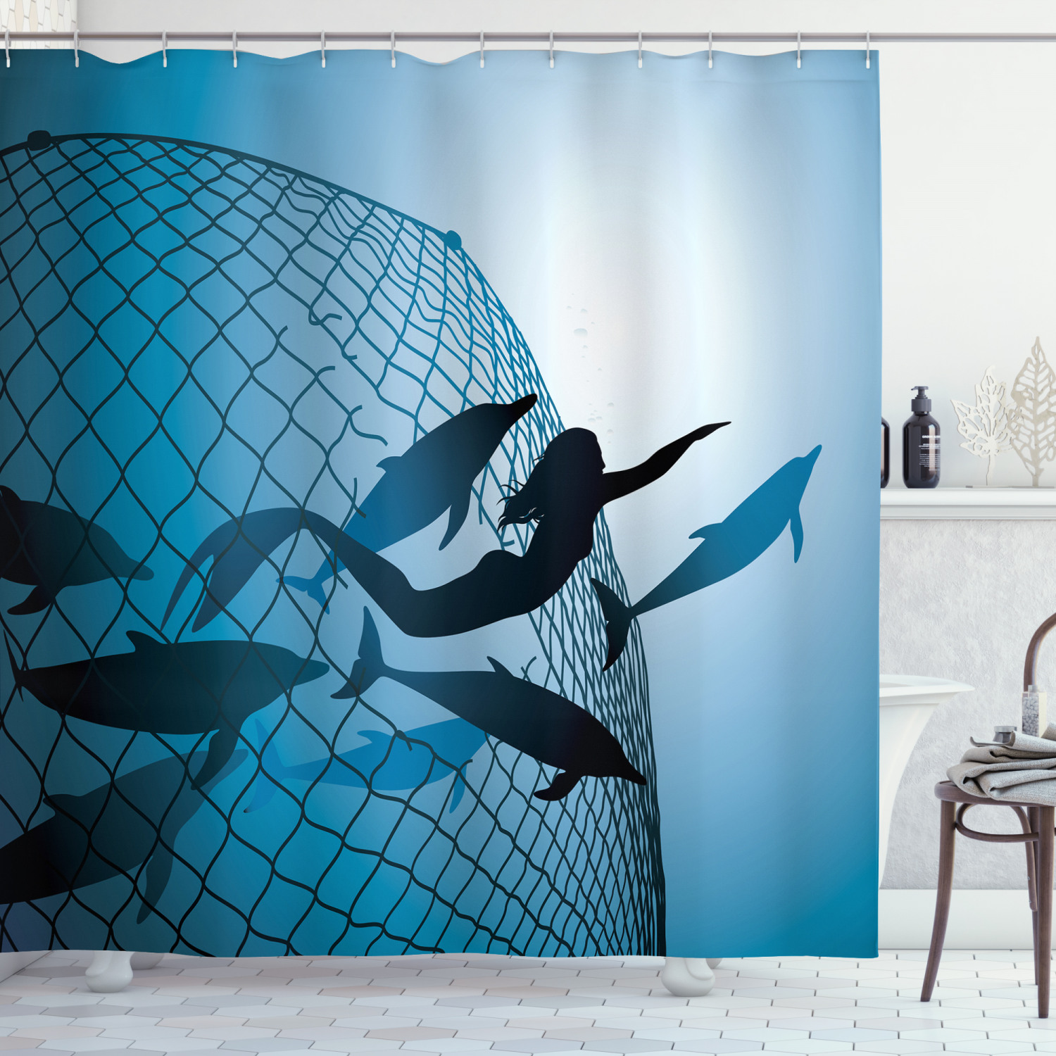 Charming Mermaid Rescue Dolphins from Fishing Net Shower Curtain-Bathroom Decor