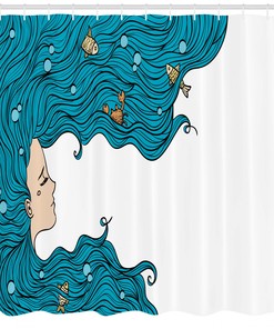 Charming Mermaid Shower Curtain for Girl's Bathroom featuring Oceanic Hairstyle Print