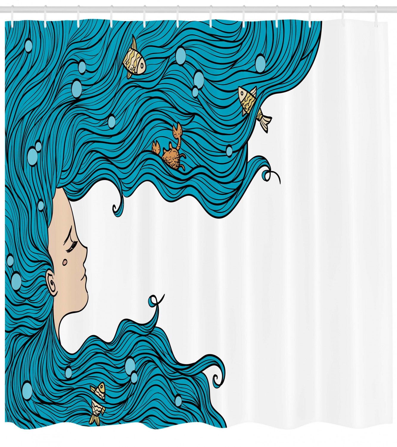 Charming Mermaid Shower Curtain for Girl's Bathroom featuring Oceanic Hairstyle Print