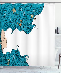 Charming Mermaid Shower Curtain for Girl's Bathroom featuring Oceanic Hairstyle Print