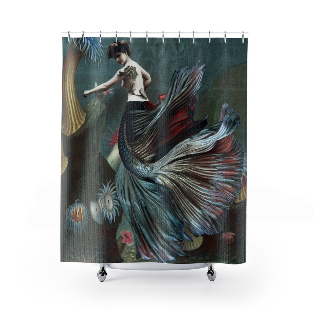 Charming Mermaid with Seashell Print Shower Curtain for Girls Bathroom