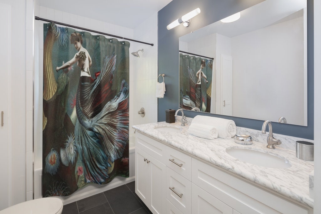 Charming Mermaid with Seashell Print Shower Curtain for Girls Bathroom