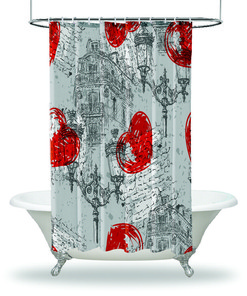 Charming Parisian House Heart Decor Shower Curtain With Waterproof Fabric For Your Bathroom