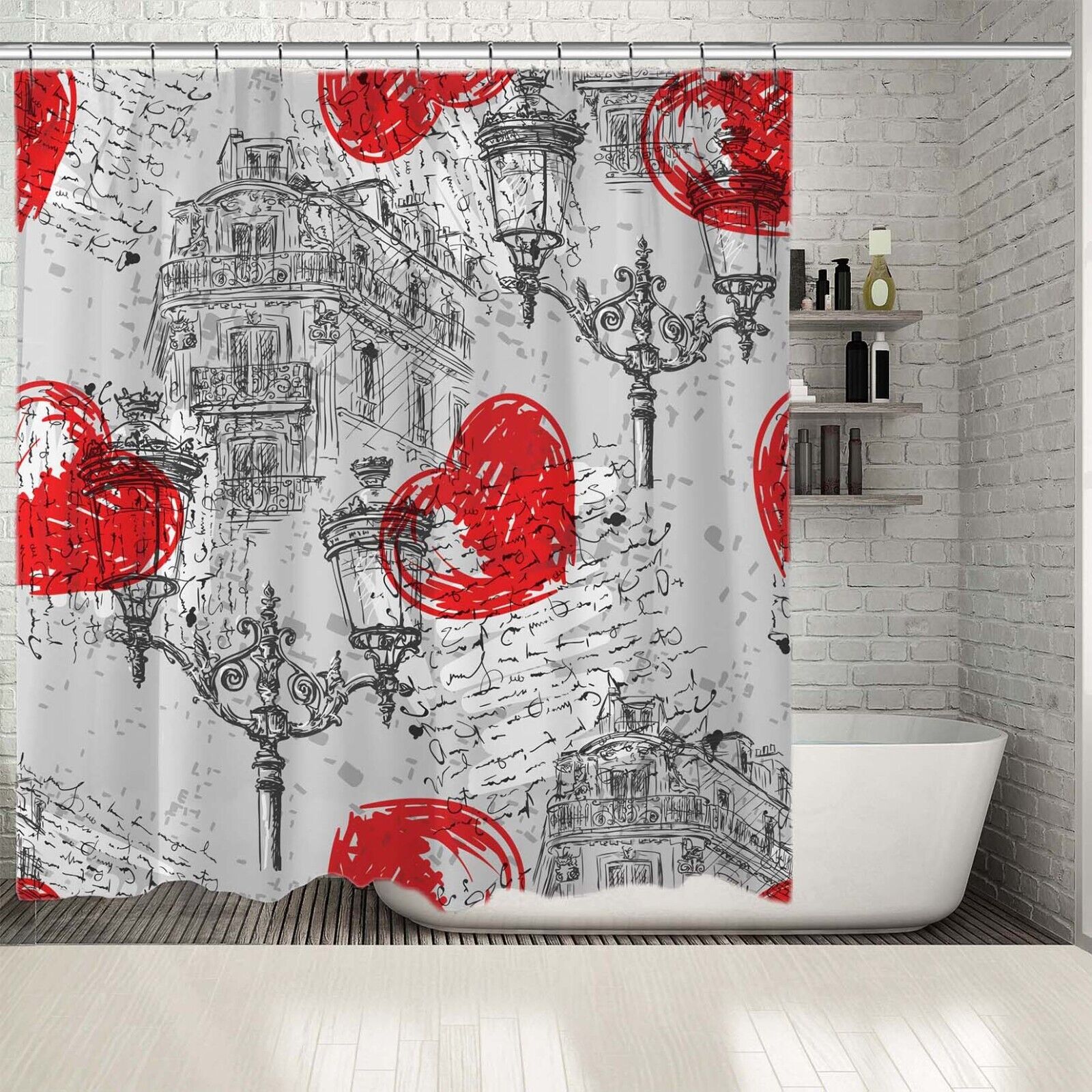 Charming Parisian House Heart Decor Shower Curtain With Waterproof Fabric For Your Bathroom - Image 2