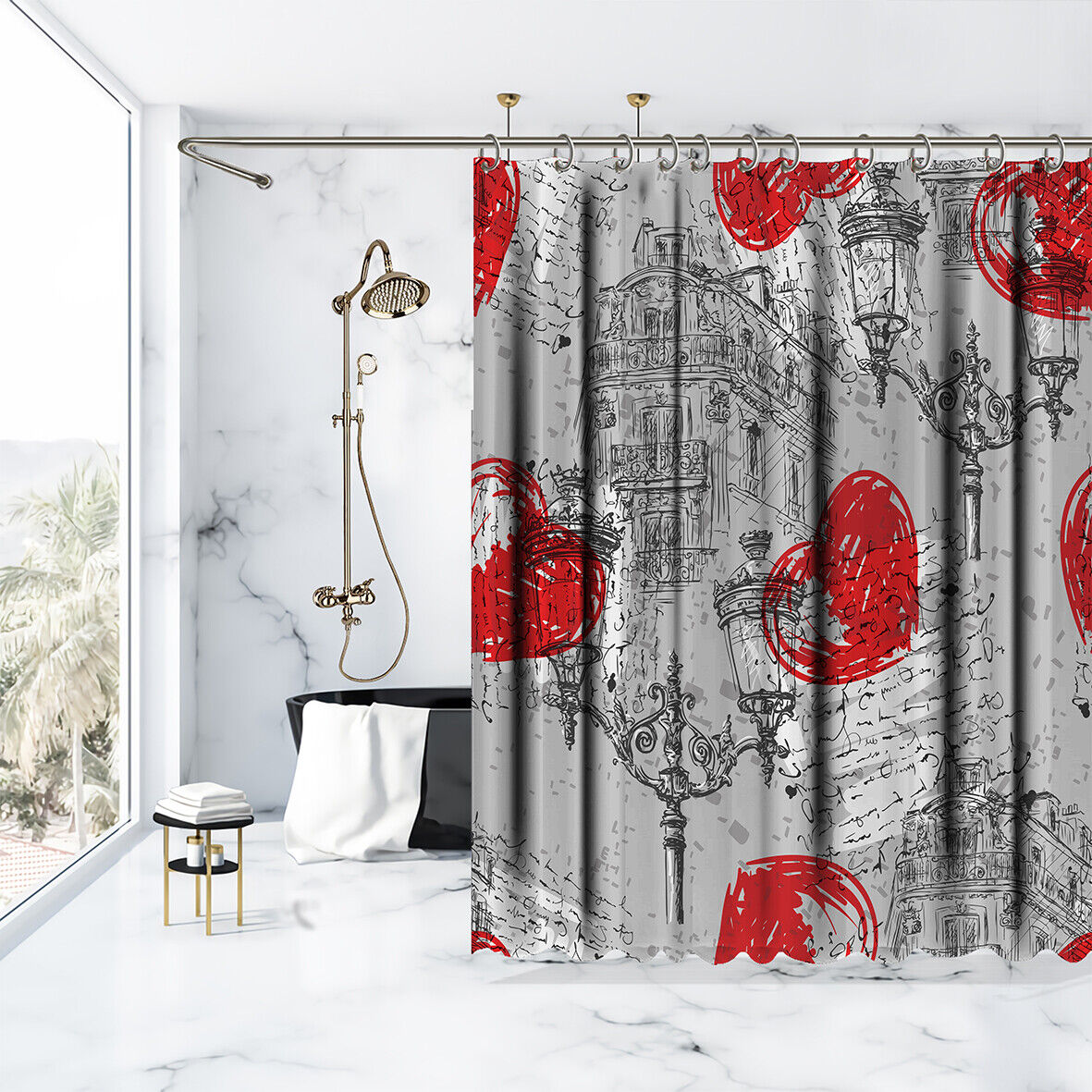 Charming Parisian House Heart Decor Shower Curtain With Waterproof Fabric For Your Bathroom - Image 3