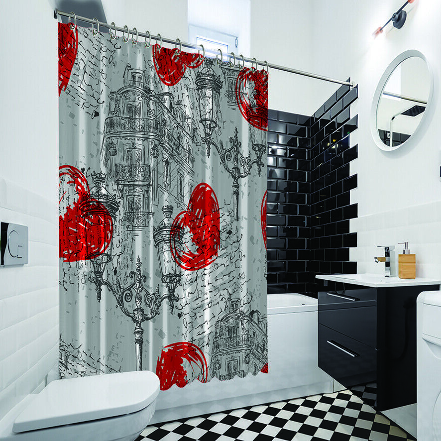 Charming Parisian House Heart Decor Shower Curtain With Waterproof Fabric For Your Bathroom - Image 4