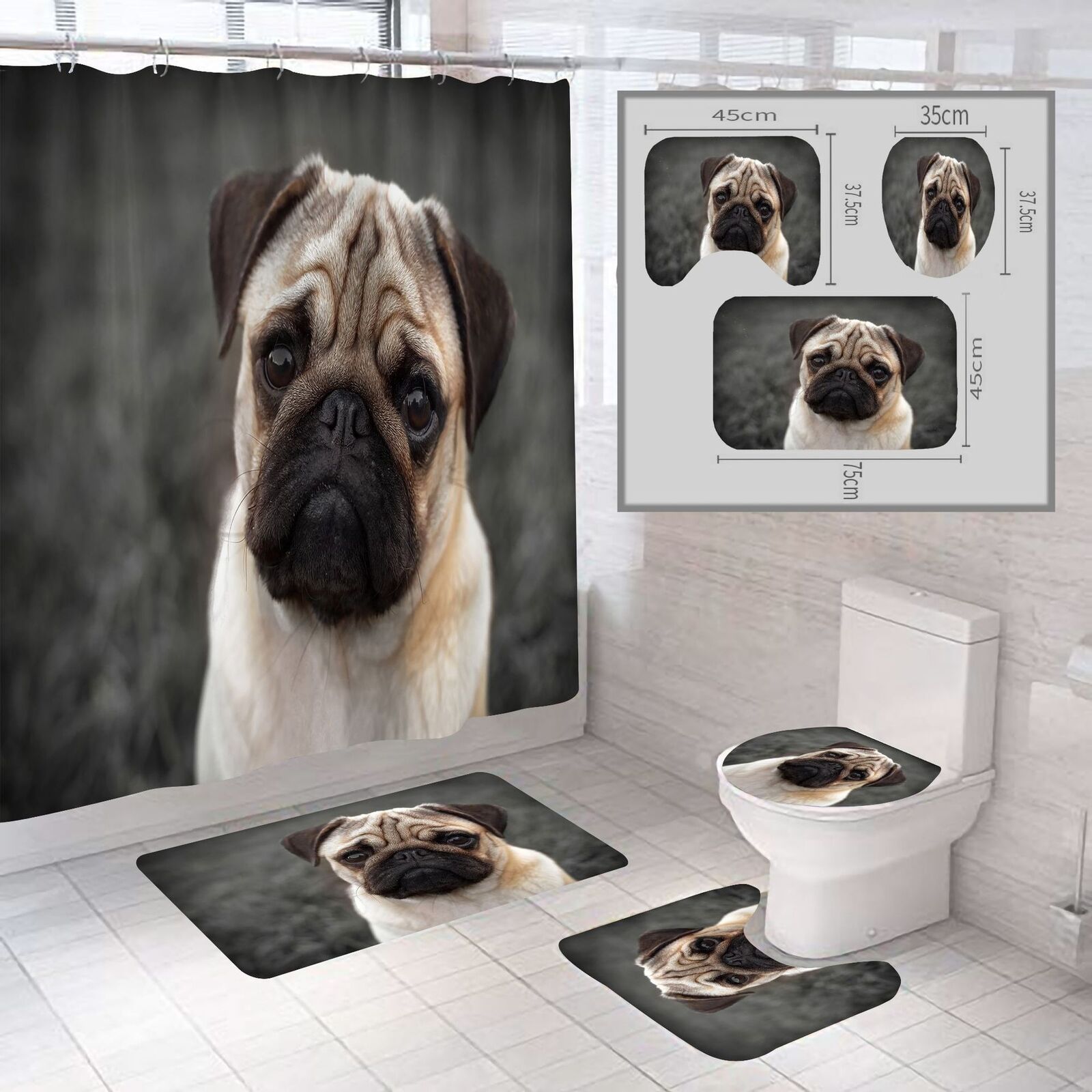 Charming Pet Pug Dog Puppy Print Shower Curtain For Your Bathroom