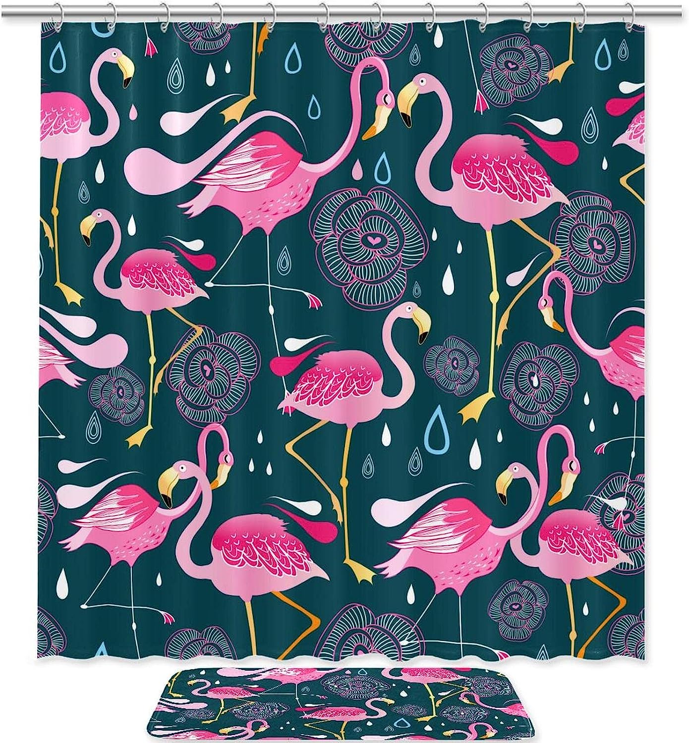 Charming Raindrop Flamingo Shower Curtain Set with Cute Fabric Design for Your Bathroom