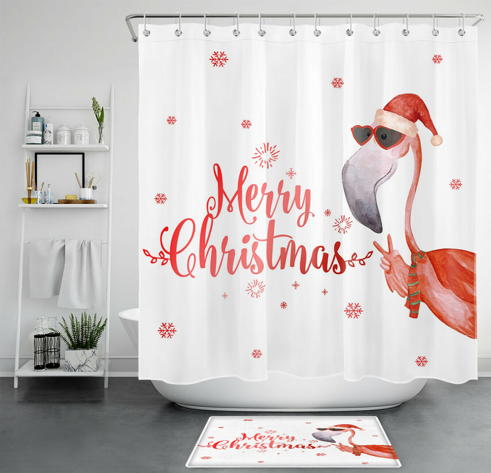 Charming Red Snowflakes Flamingo Merry Christmas Shower Curtain for Bathroom Decor