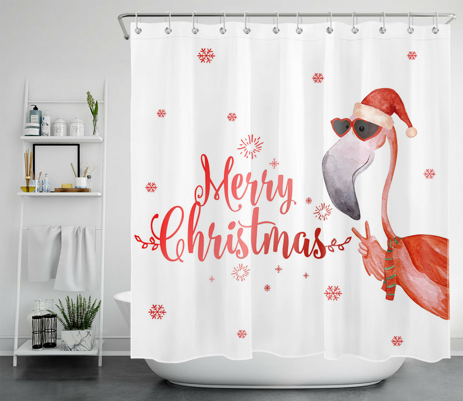 Charming Red Snowflakes Flamingo Merry Christmas Shower Curtain for Bathroom Decor