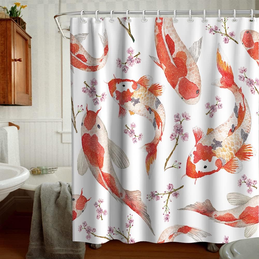 Charming River Fish Koi Fish Shower Curtain for Kids Bathroom Theme, Japanese Style Decors