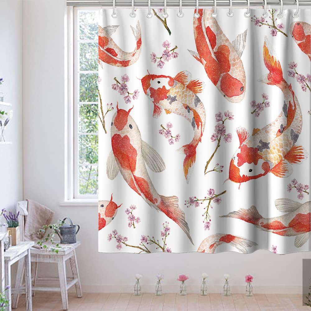 Charming River Fish Koi Fish Shower Curtain for Kids Bathroom Theme, Japanese Style Decors