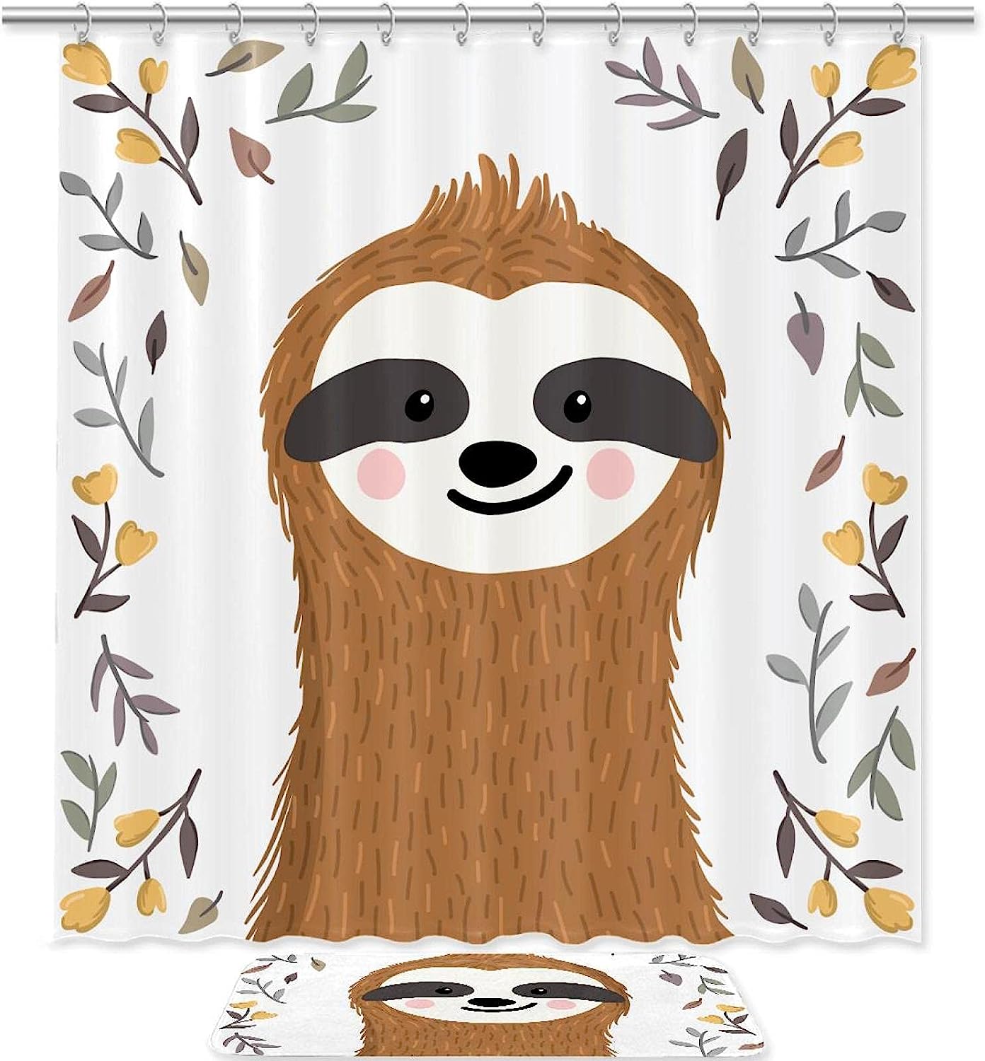 Charming Sloth Among Flowers And Leaves Shower Curtain For Nature-Inspired Bathroom Decor