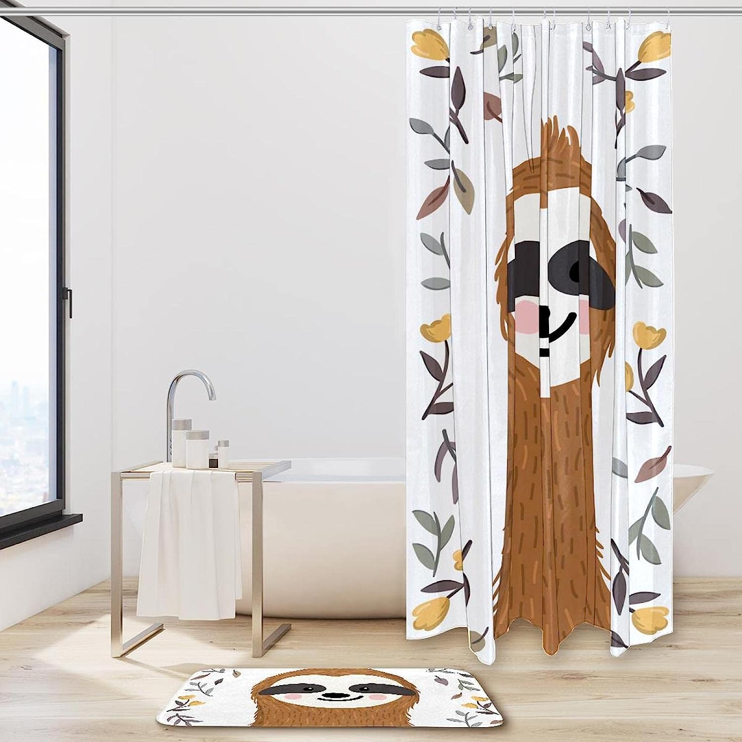 Charming Sloth Among Flowers And Leaves Shower Curtain For Nature-Inspired Bathroom Decor - Image 2