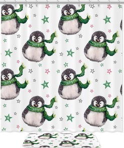 Charming Snowy Penguins Shower Curtain For Sweet And Playful Bathroom Decor