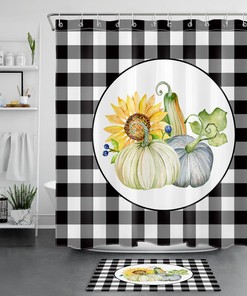 Charming Sunflower Pumpkin Shower Curtain with Black Check Plaid Background for A Festive Fall Vibe in Your Bathroom