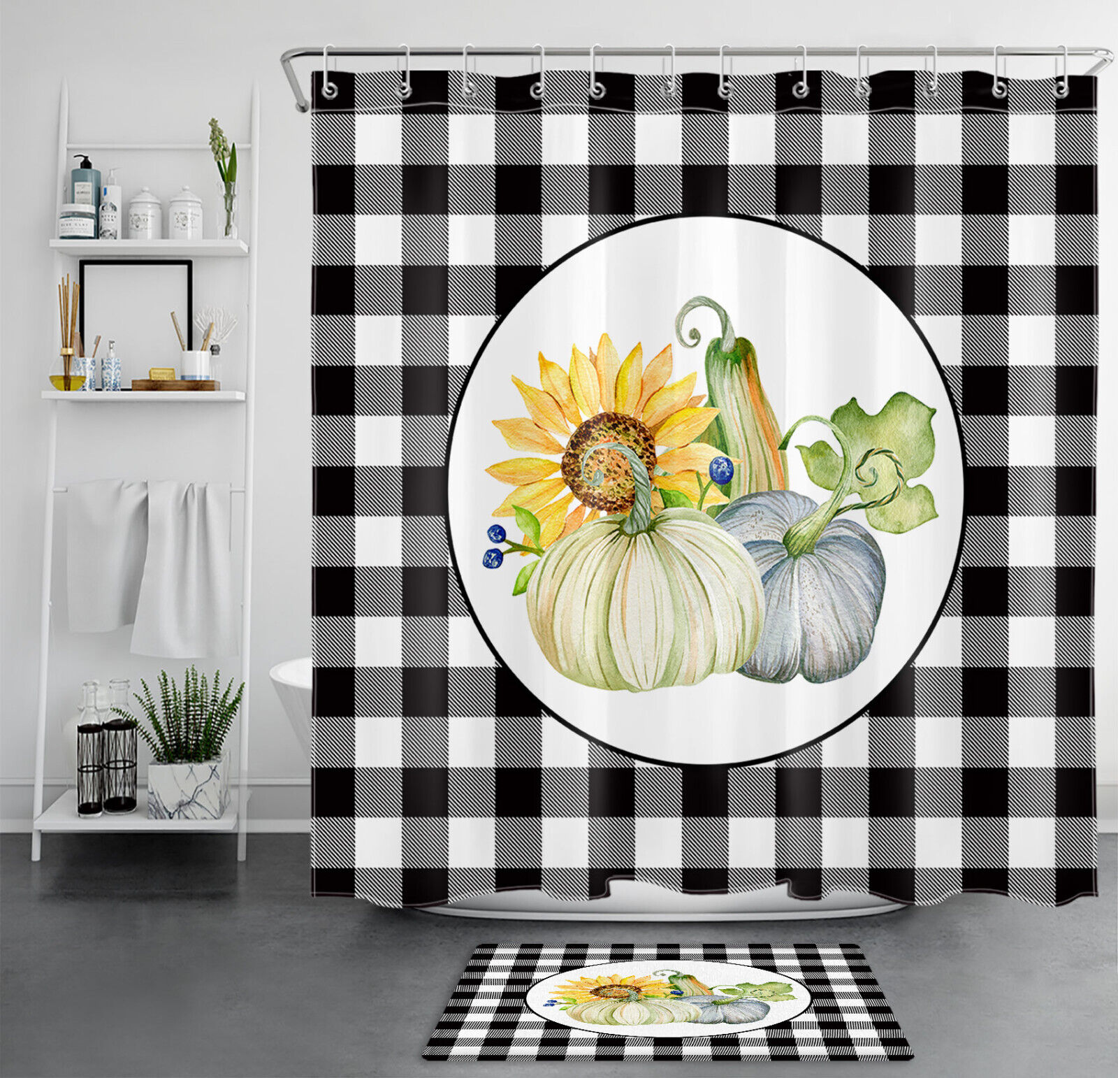 Charming Sunflower Pumpkin Shower Curtain with Black Check Plaid Background for A Festive Fall Vibe in Your Bathroom