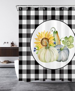 Charming Sunflower Pumpkin Shower Curtain with Black Check Plaid Background for A Festive Fall Vibe in Your Bathroom