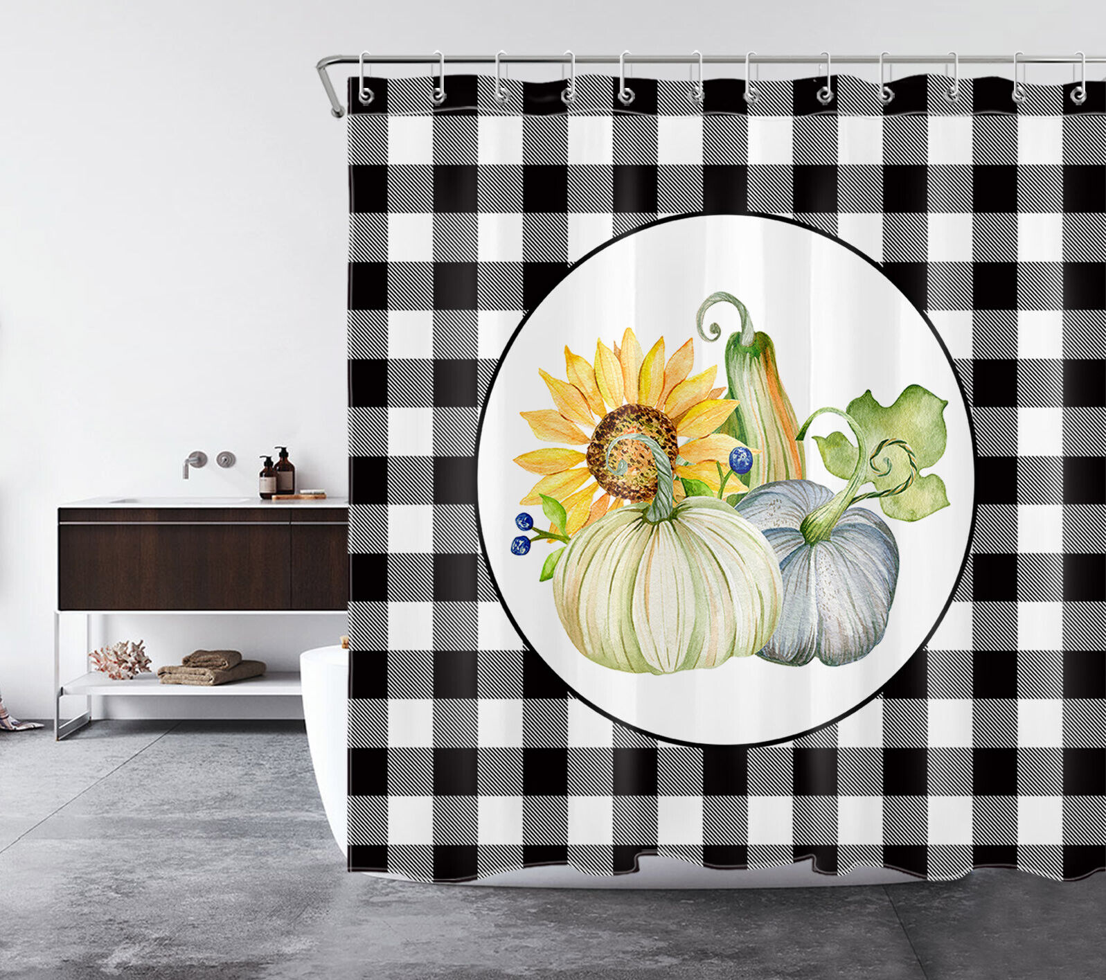 Charming Sunflower Pumpkin Shower Curtain with Black Check Plaid Background for A Festive Fall Vibe in Your Bathroom