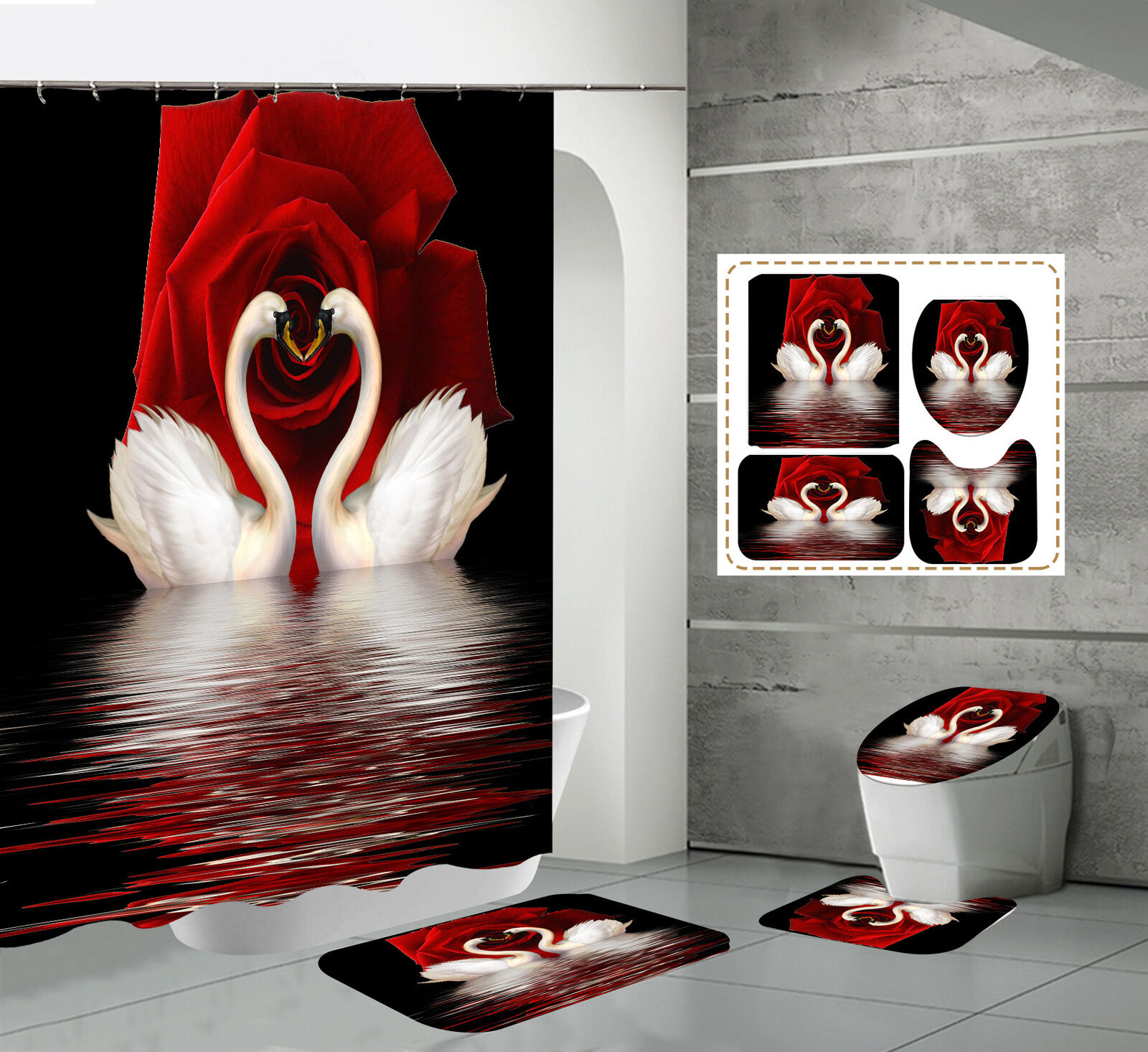 Charming Swan and Rose Flowers Shower Curtain for Your Bathroom