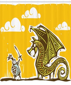 Charming Yellow Knight with Dragon Print Shower Curtain for Fantasy Bathroom Decor