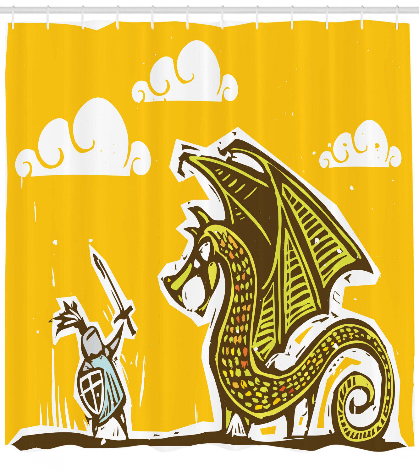 Charming Yellow Knight with Dragon Print Shower Curtain for Fantasy Bathroom Decor