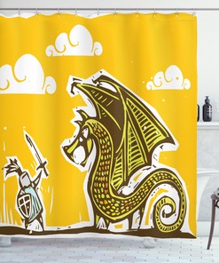 Charming Yellow Knight with Dragon Print Shower Curtain for Fantasy Bathroom Decor