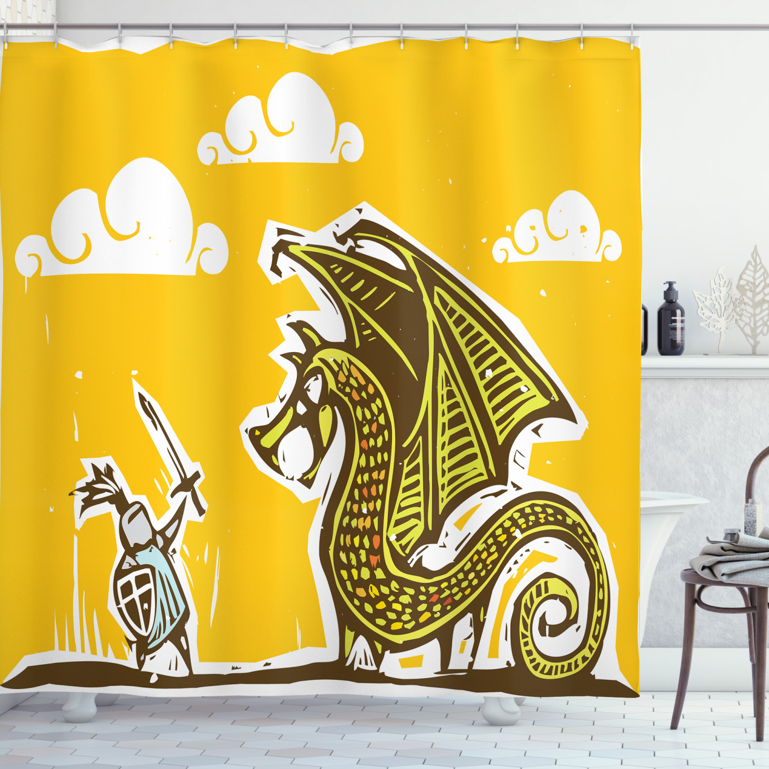 Charming Yellow Knight with Dragon Print Shower Curtain for Fantasy Bathroom Decor
