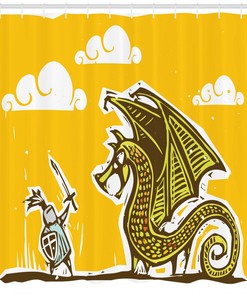 Charming Yellow Knight with Dragon Print Shower Curtain for Fantasy Bathroom Decor