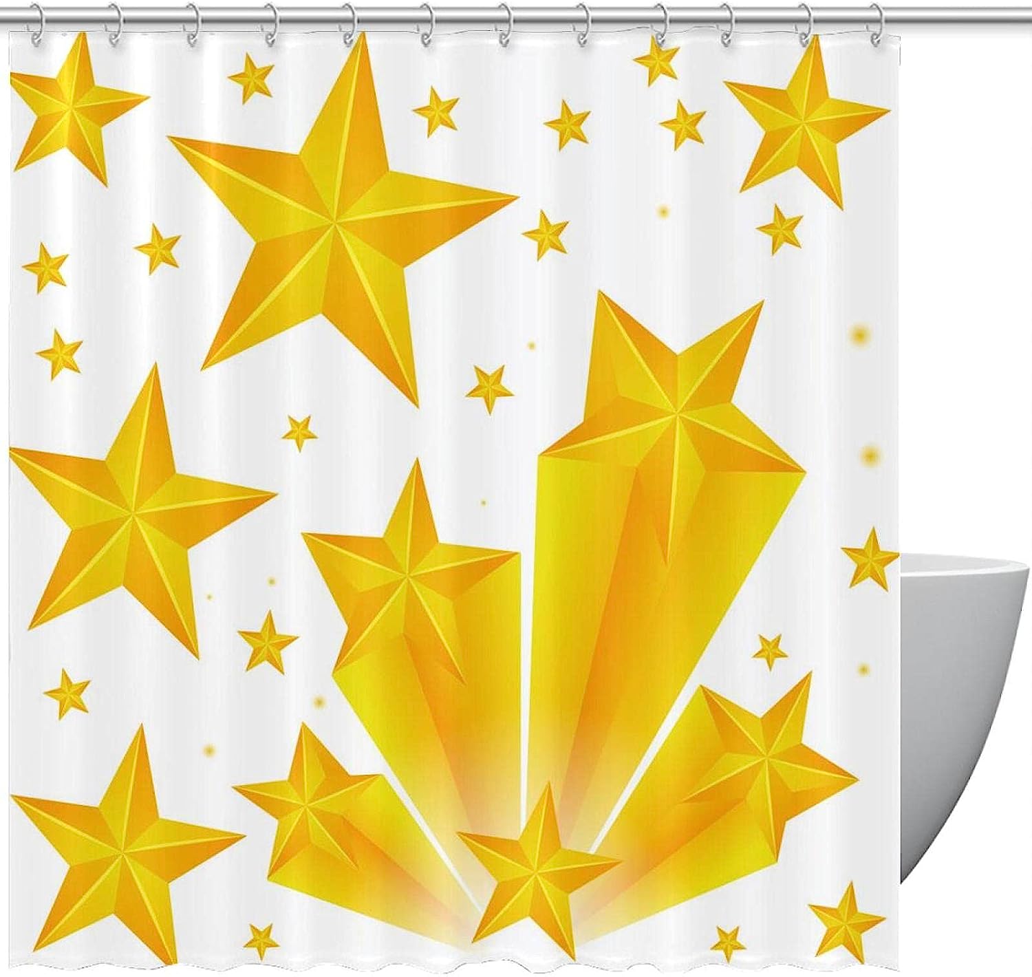 Charming Yellow Stars Pattern on White Shower Curtain for a Magical Bathroom Decor