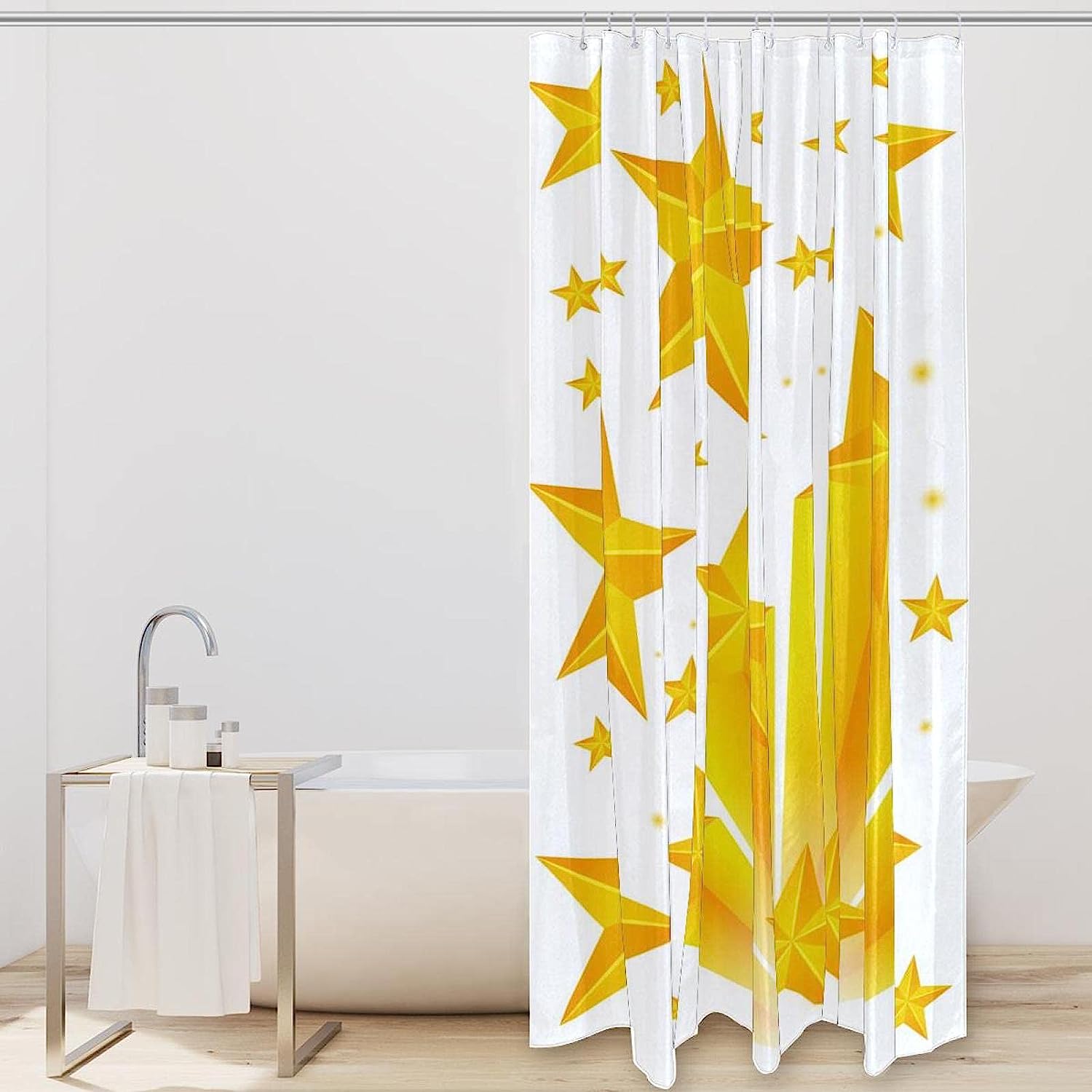 Charming Yellow Stars Pattern on White Shower Curtain for a Magical Bathroom Decor