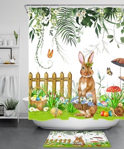 Charming and Sweet Mushroom Rabbit Easter Shower Curtain with Tropical Plant for Bathroom Decor