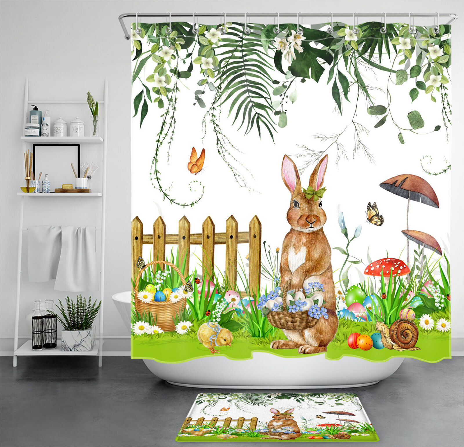 Charming and Sweet Mushroom Rabbit Easter Shower Curtain with Tropical Plant for Bathroom Decor