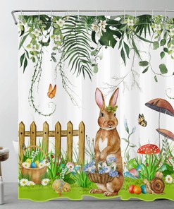 Charming and Sweet Mushroom Rabbit Easter Shower Curtain with Tropical Plant for Bathroom Decor