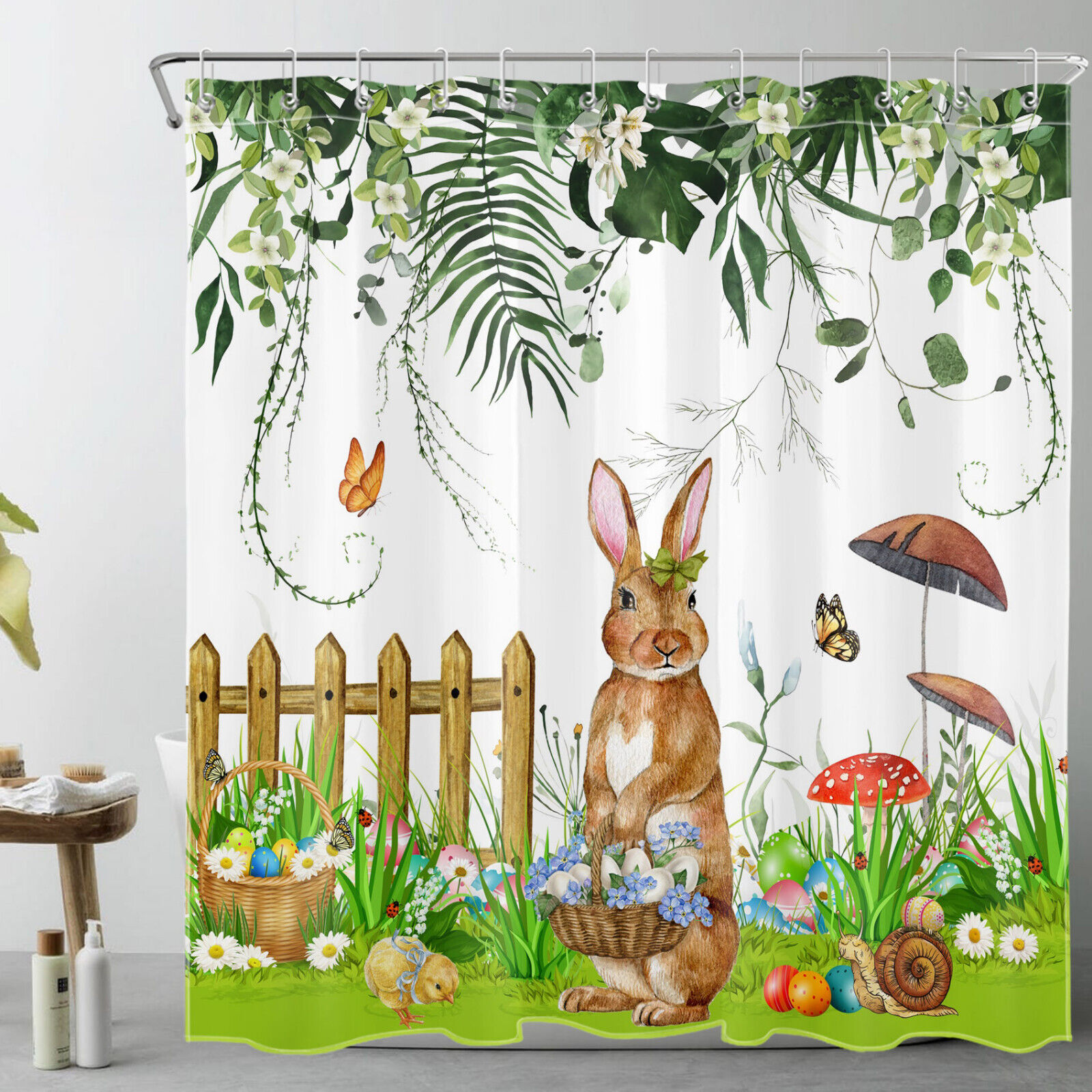 Charming and Sweet Mushroom Rabbit Easter Shower Curtain with Tropical Plant for Bathroom Decor