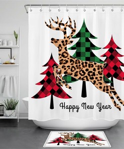Checkered Cedar Gingerbread Elk Christmas Shower Curtain - Waterproof Fabric Bathroom Decor