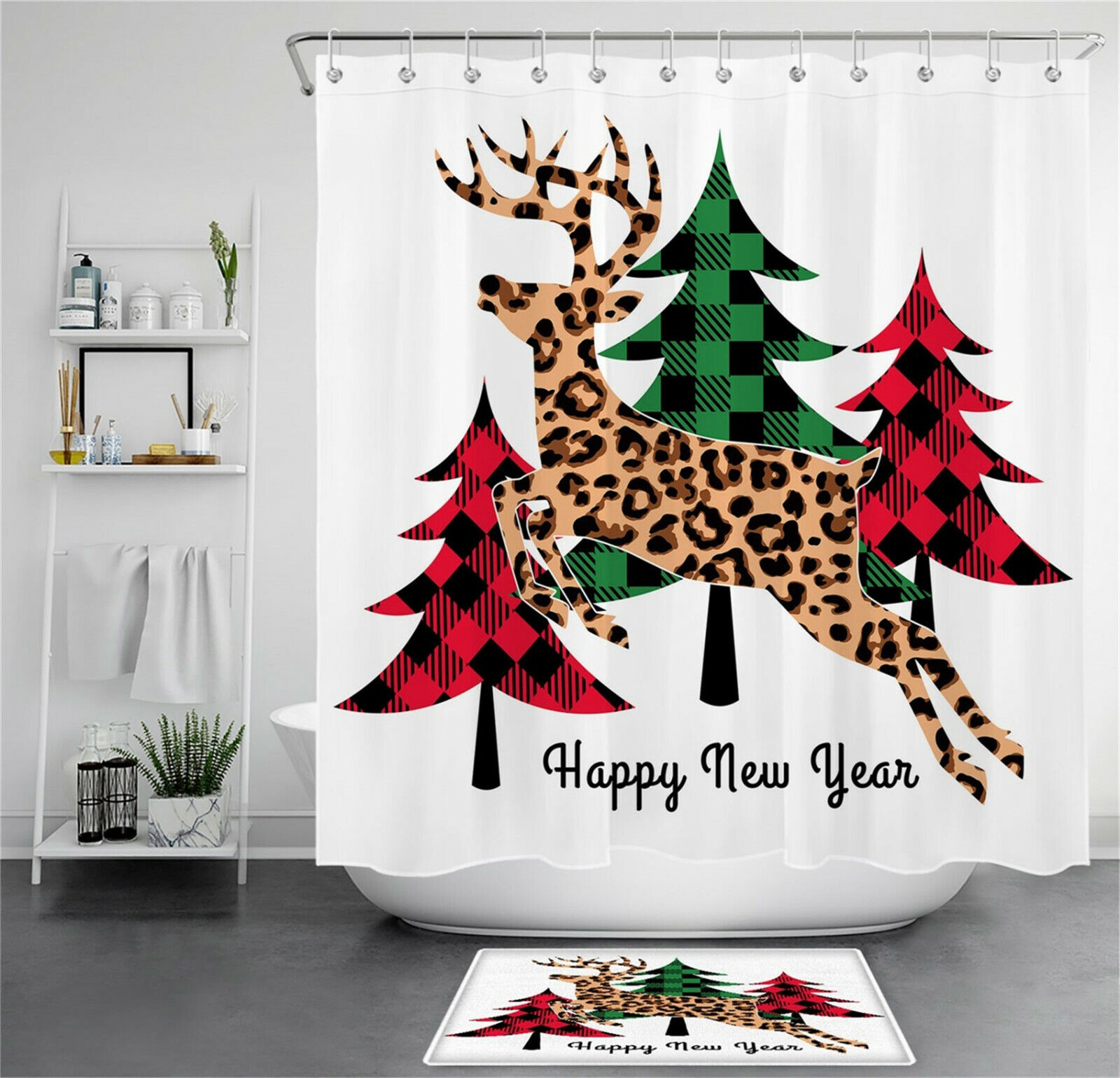 Checkered Cedar Gingerbread Elk Christmas Shower Curtain - Waterproof Fabric Bathroom Decor