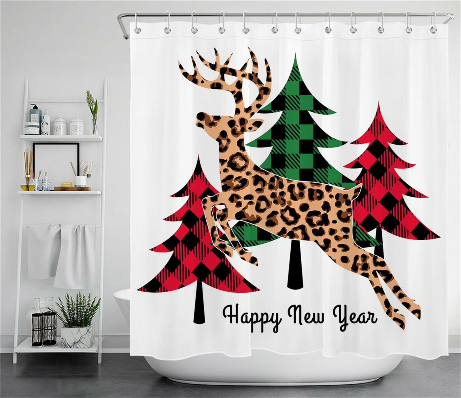 Checkered Cedar Gingerbread Elk Christmas Shower Curtain - Waterproof Fabric Bathroom Decor - Image 2