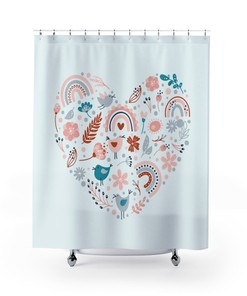 Cheerful And Playful Boho Shower Curtain In Blue With Boho Rainbow Design, Birds, And Flowers For Bathroom Decor