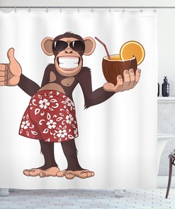 Cheerful Cartoon Art Happy Chimpanzee Holding A Cocktail Shower Curtain - Cloth Fabric Bathroom Decors