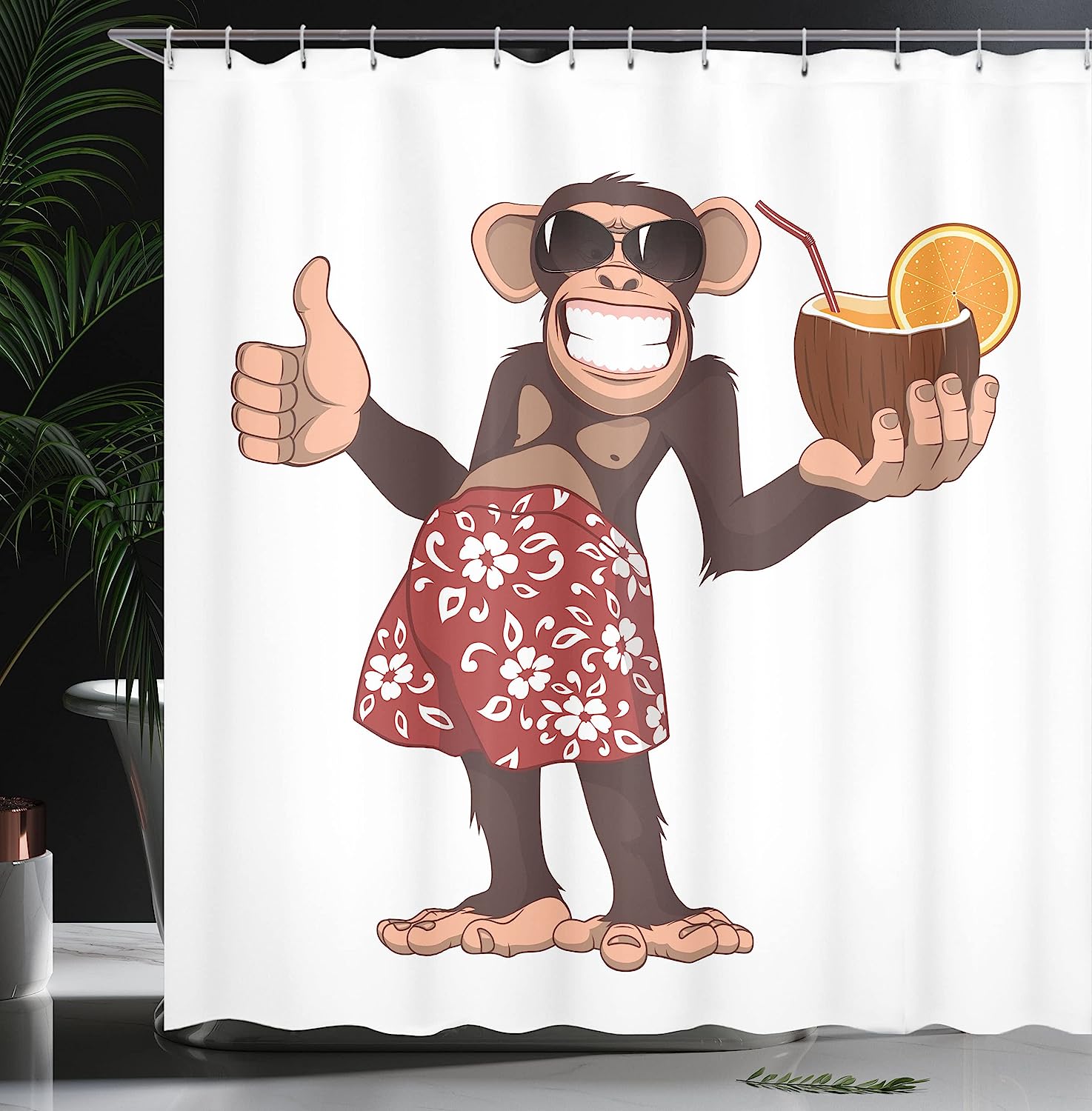 Cheerful Cartoon Art Happy Chimpanzee Holding A Cocktail Shower Curtain - Cloth Fabric Bathroom Decors - Image 3